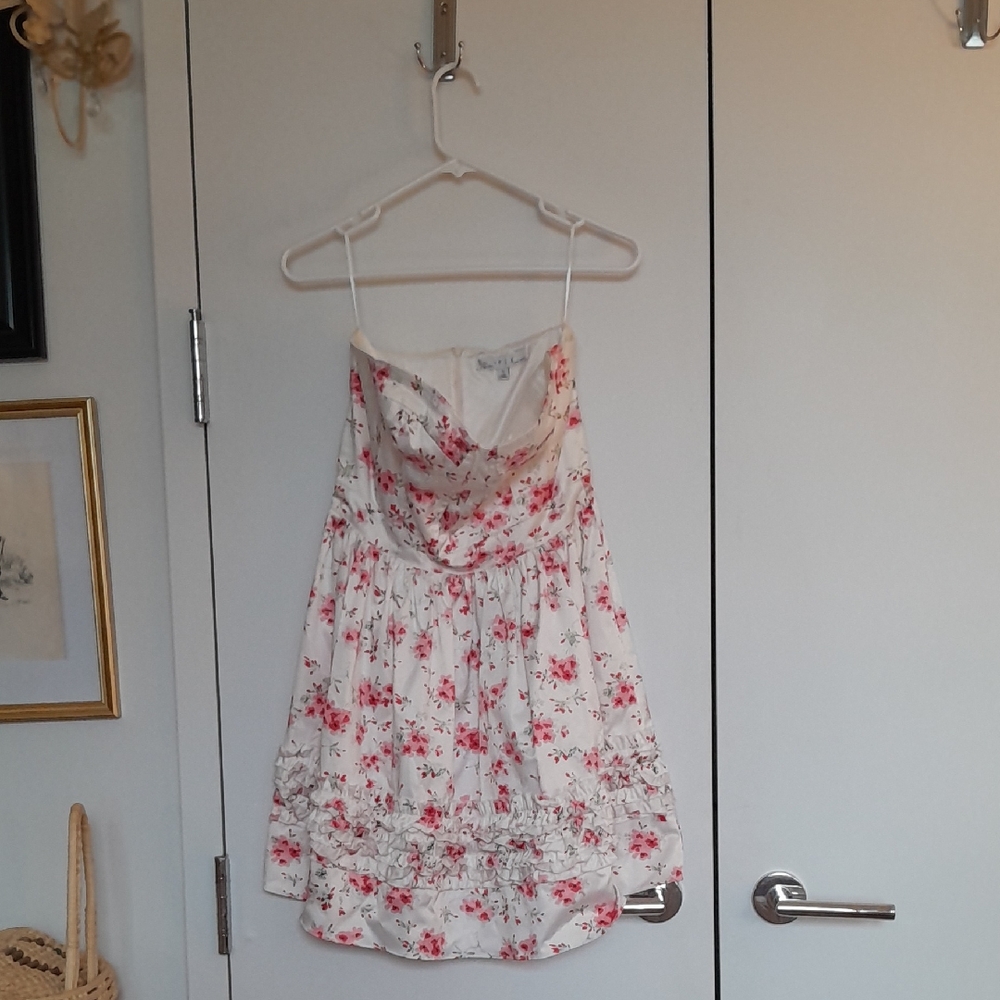 Floral Strapless Satin Mini Dress - White with Pink Flower Print